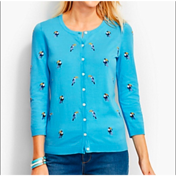 NWOT Talbots Crew Neck Cardigan Womens XL Blue Cotton Embroidered Toucan Coastal - Picture 2 of 7